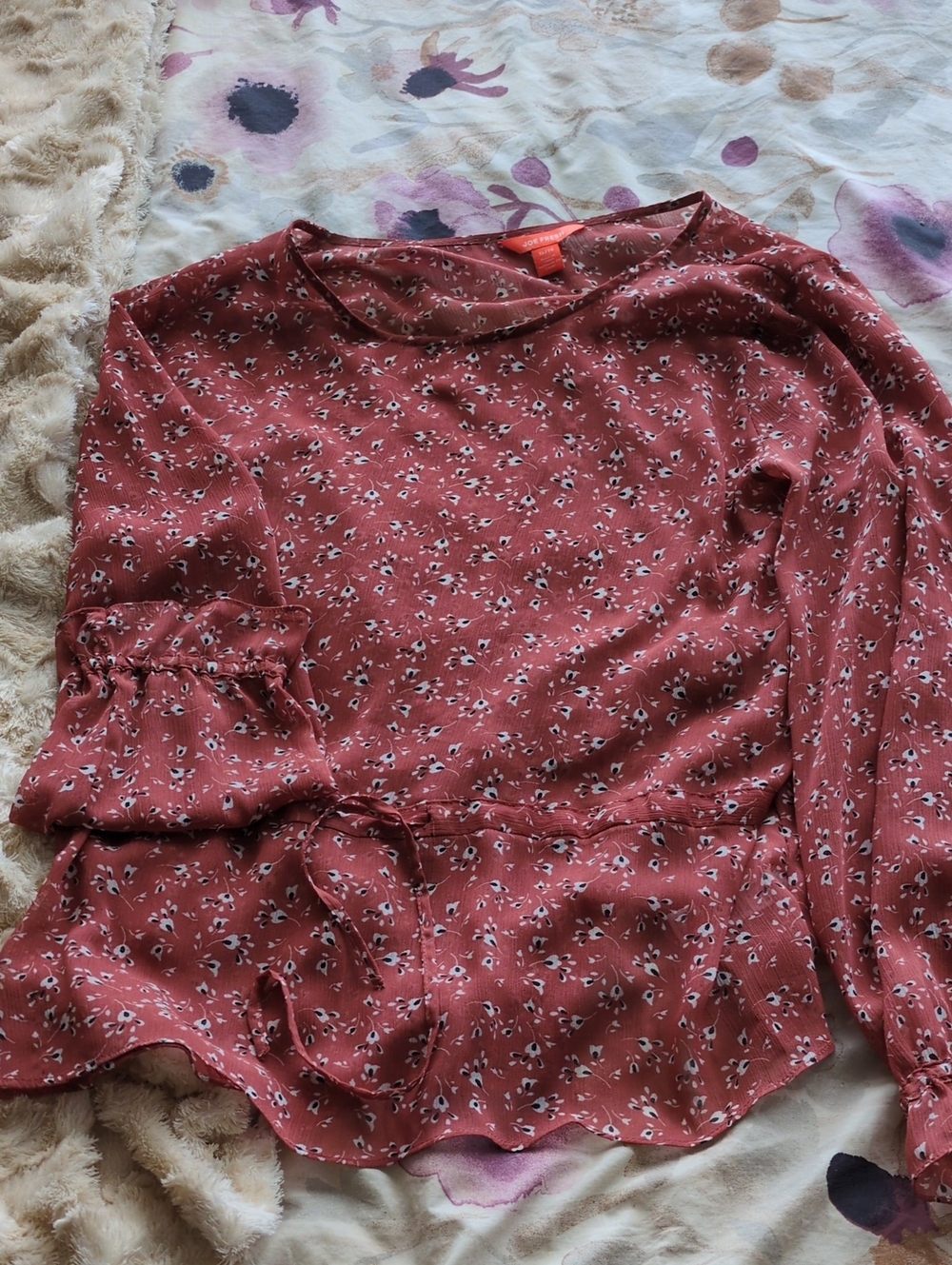 Joe Fresh Dusty Rose Floral Tie-Waist Blouse